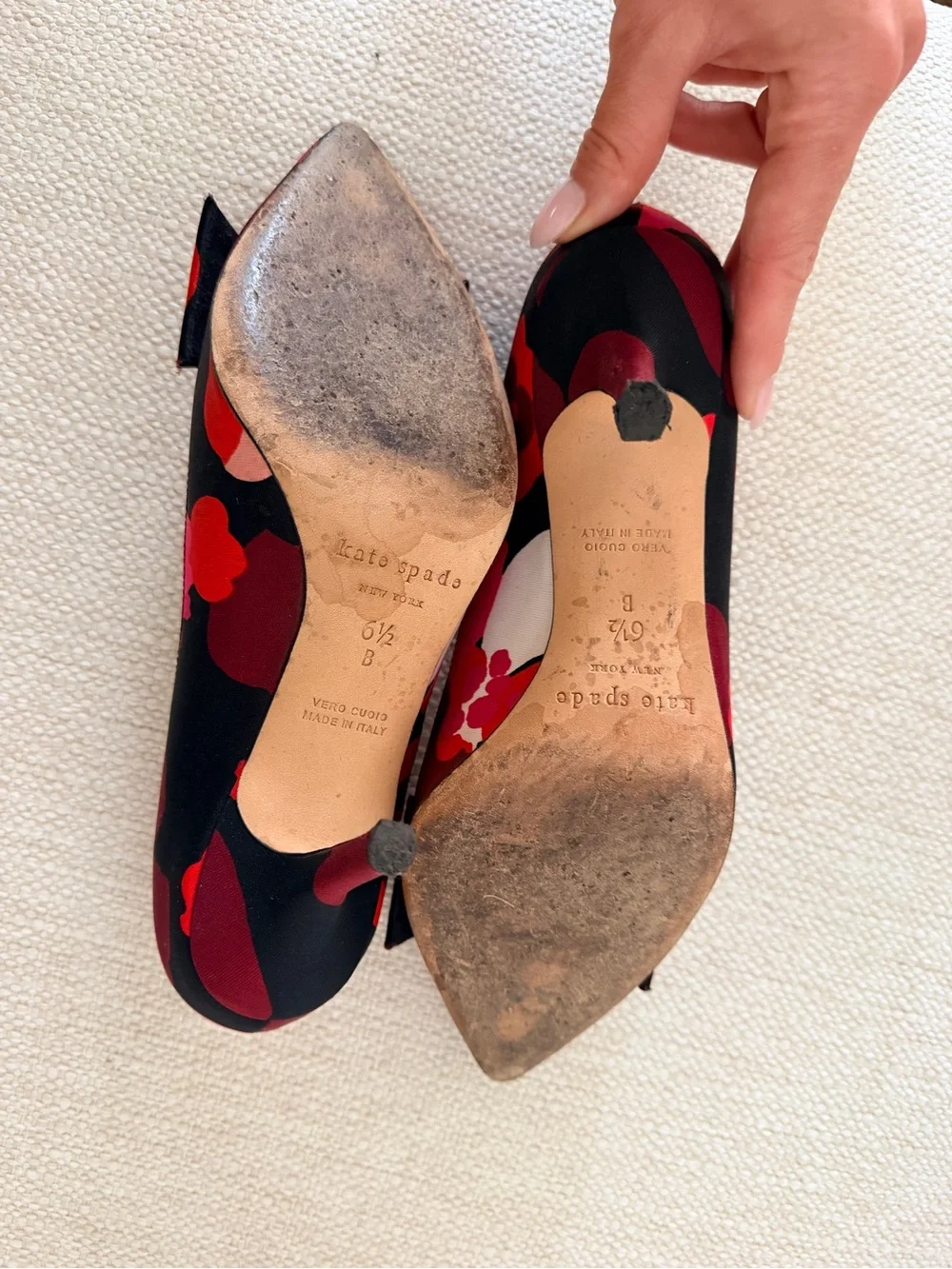 kate spade Black Floral Pointed-Toe Bow Pumps with Pink & Red Accents